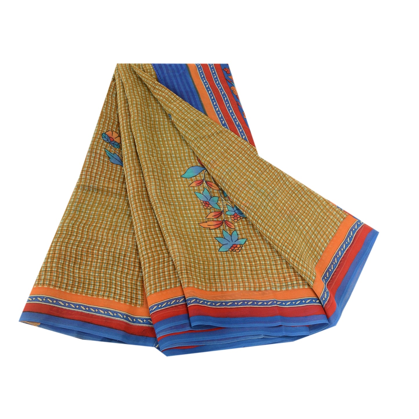 Sanskriti Vintage Green Sarees Pure Georgette Silk Printed Sari 5yd Craft Sustainable Fabric
