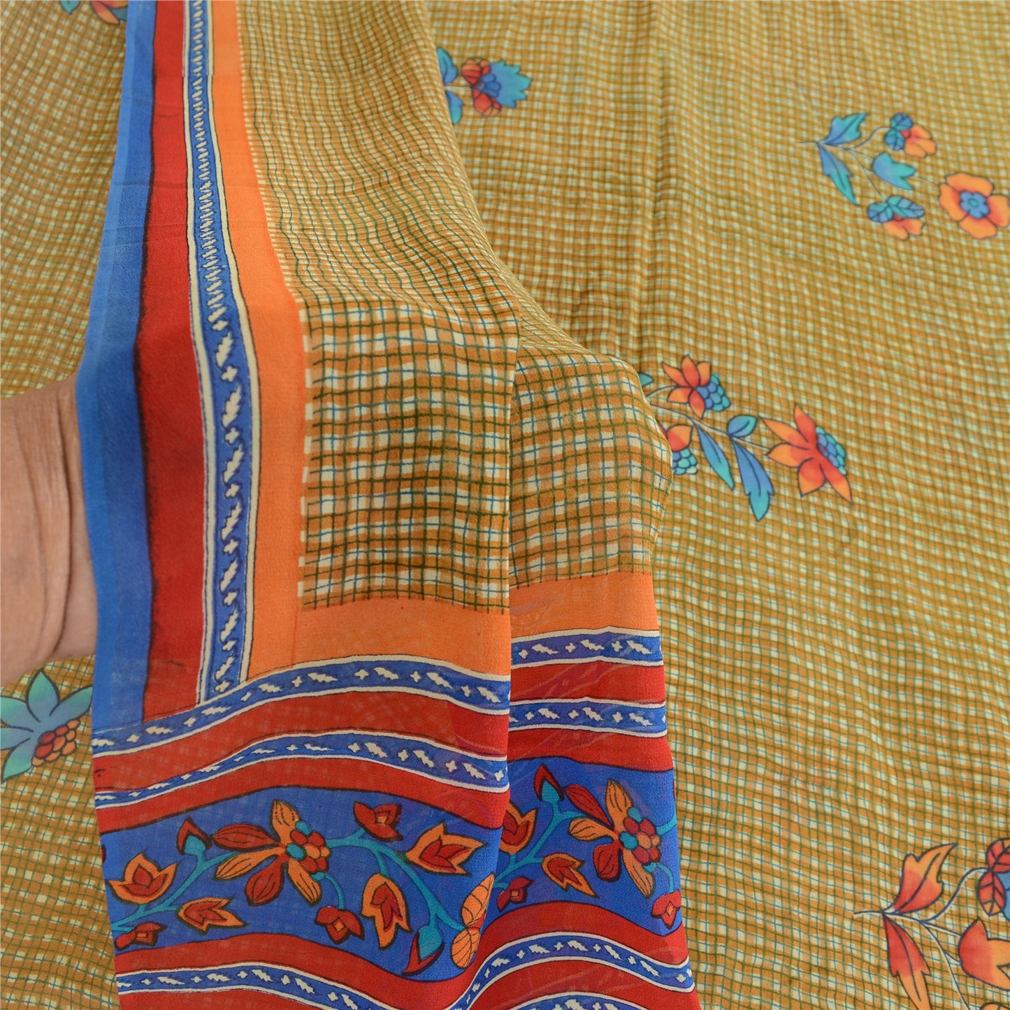 Sanskriti Vintage Green Sarees Pure Georgette Silk Printed Sari 5yd Craft Sustainable Fabric