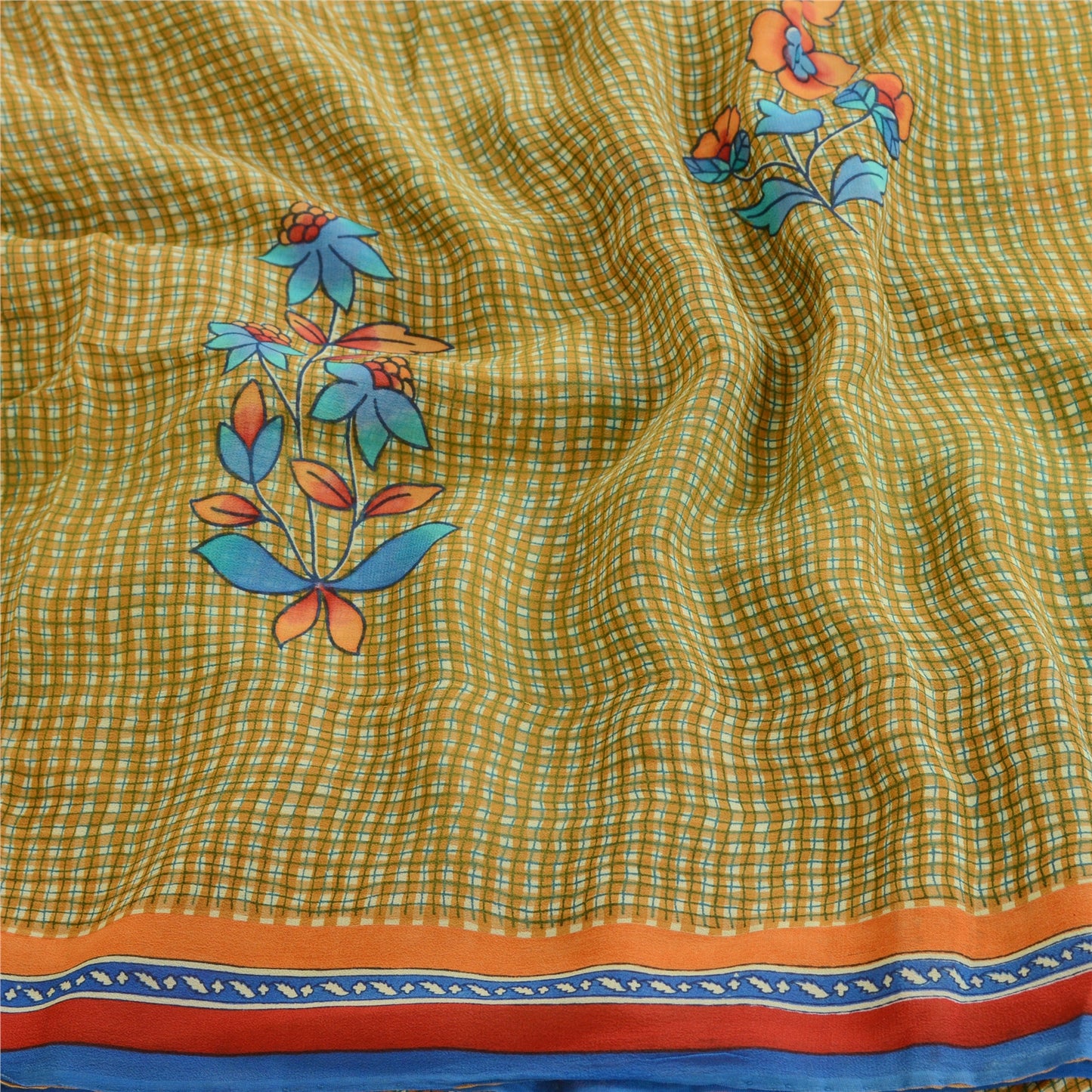 Sanskriti Vintage Green Sarees Pure Georgette Silk Printed Sari 5yd Craft Sustainable Fabric