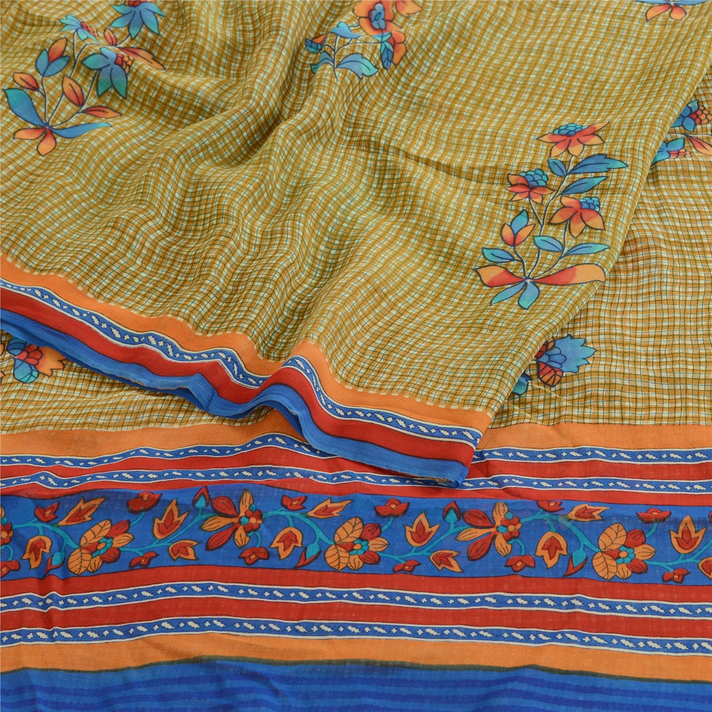 Sanskriti Vintage Green Sarees Pure Georgette Silk Printed Sari 5yd Craft Sustainable Fabric