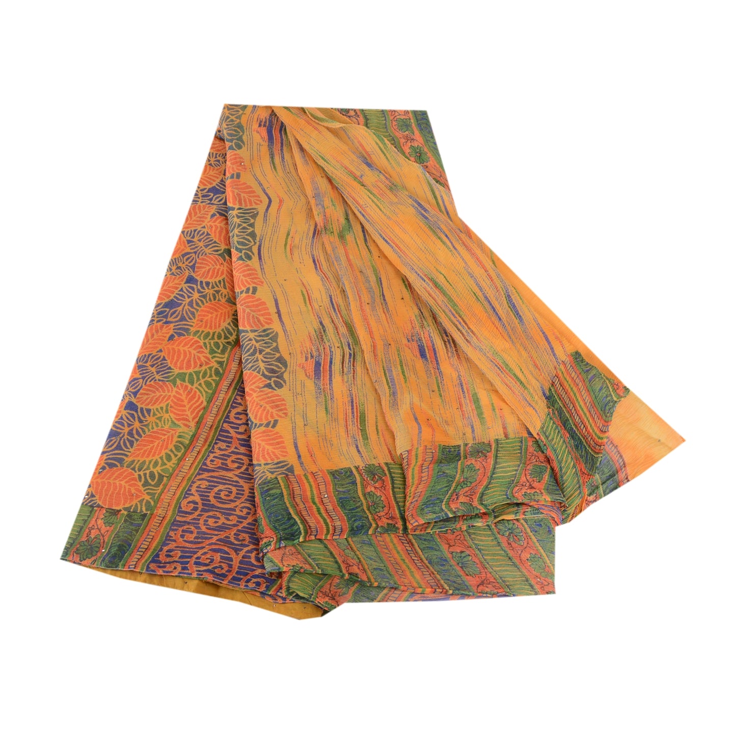 Sanskriti Vintage Orange Pure Chiffon Silk Sarees Print Sari Mukesh Craft Sustainable Fabric