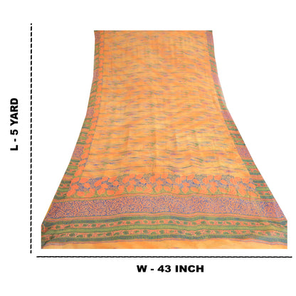 Sanskriti Vintage Orange Pure Chiffon Silk Sarees Print Sari Mukesh Craft Sustainable Fabric