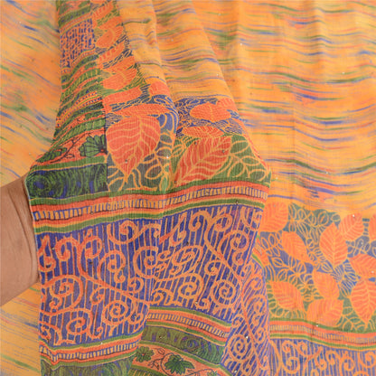 Sanskriti Vintage Orange Pure Chiffon Silk Sarees Print Sari Mukesh Craft Sustainable Fabric