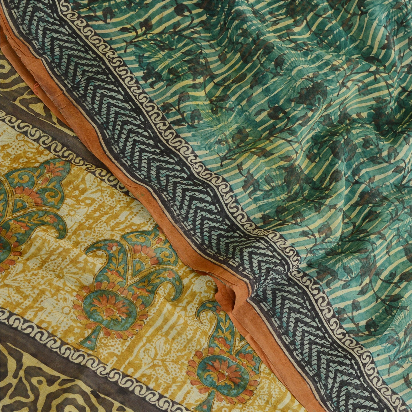 Sanskriti Vintage Green Pure Georgette Silk Sarees Printed Sari 5yd Craft Sustainable Fabric