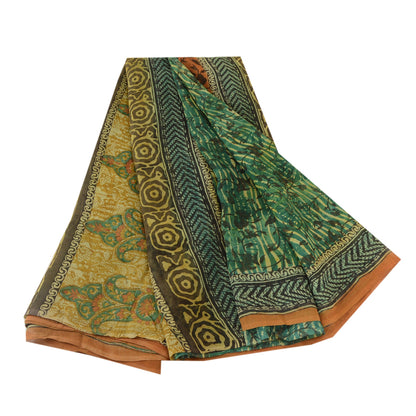 Sanskriti Vintage Green Pure Georgette Silk Sarees Printed Sari 5yd Craft Sustainable Fabric
