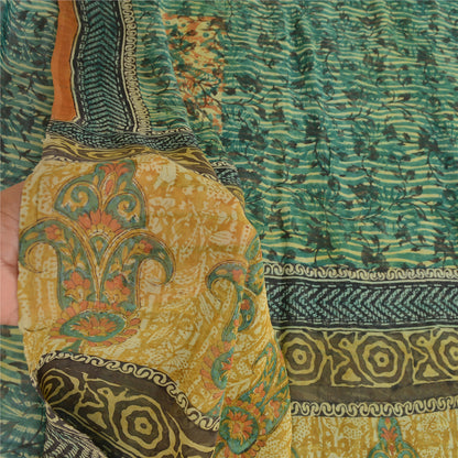 Sanskriti Vintage Green Pure Georgette Silk Sarees Printed Sari 5yd Craft Sustainable Fabric
