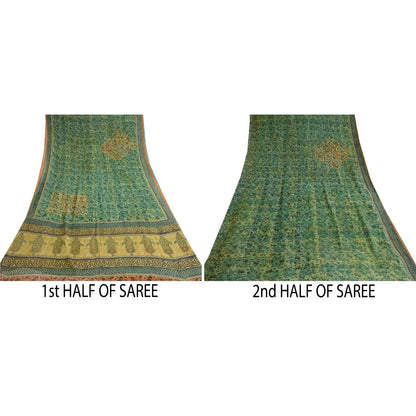 Sanskriti Vintage Green Pure Georgette Silk Sarees Printed Sari 5yd Craft Sustainable Fabric