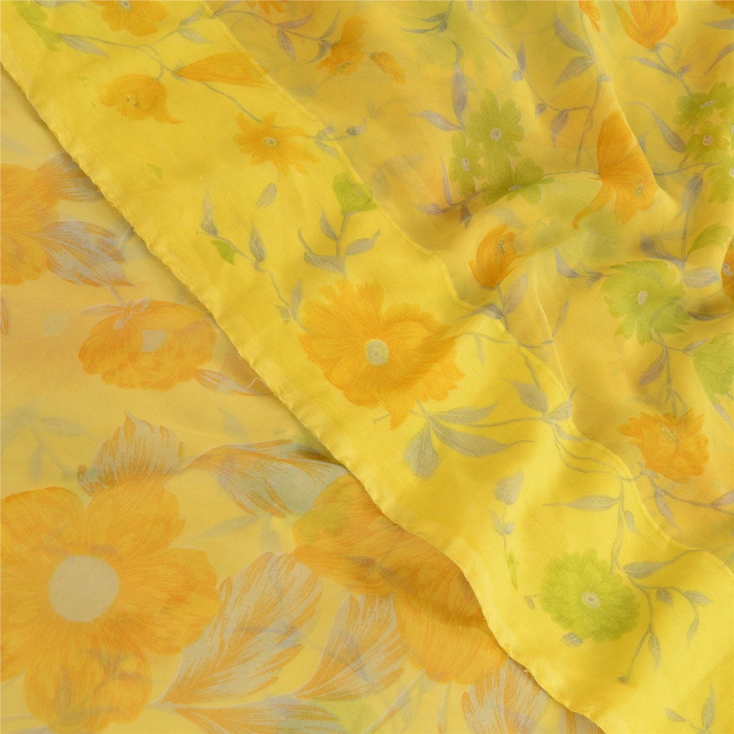 Sanskriti Vintage Lemon Green Georgette Sarees Printed Sari Floral Craft Sustainable Fabric
