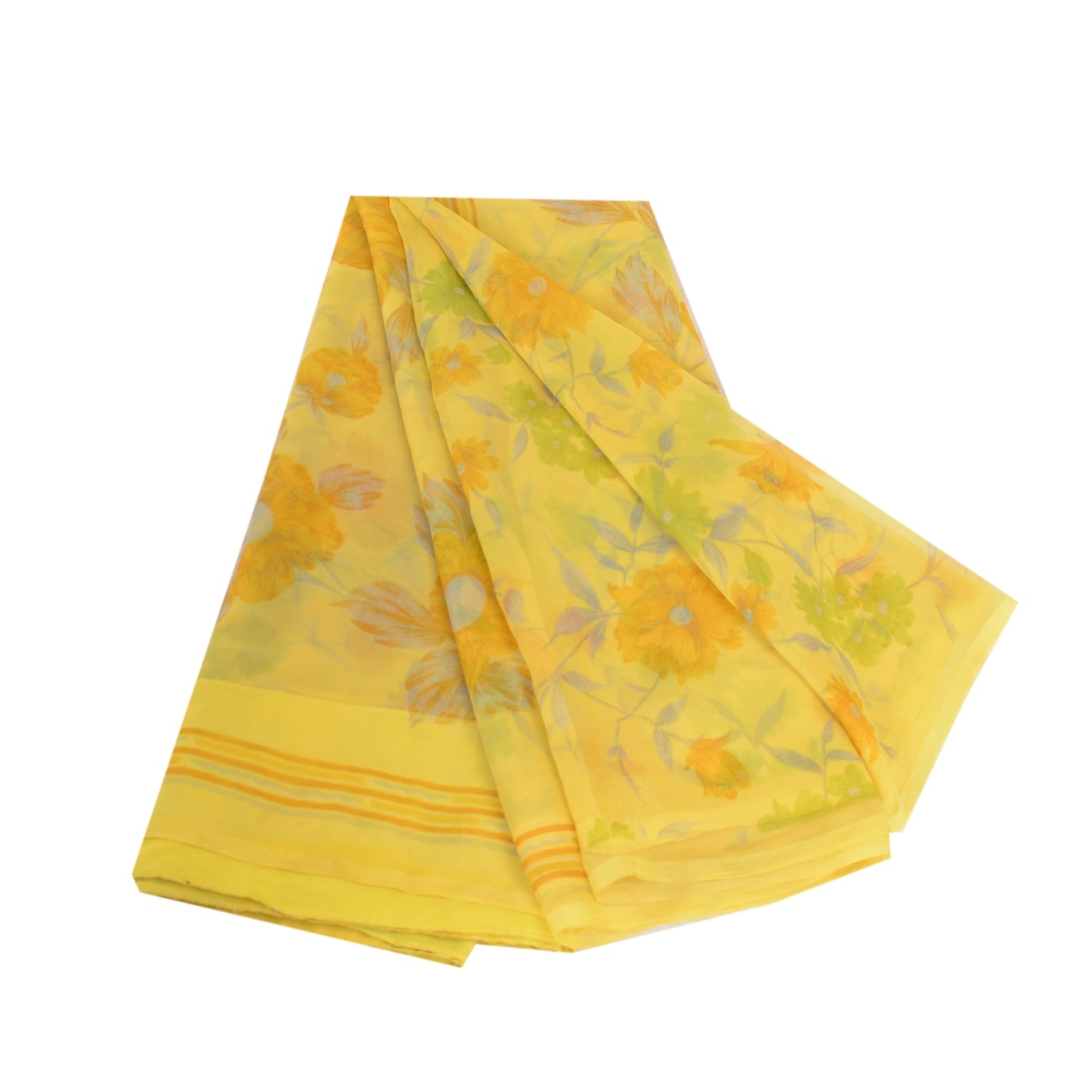Sanskriti Vintage Lemon Green Georgette Sarees Printed Sari Floral Craft Sustainable Fabric