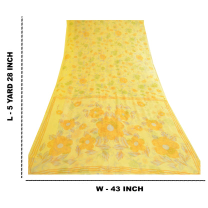 Sanskriti Vintage Lemon Green Georgette Sarees Printed Sari Floral Craft Sustainable Fabric