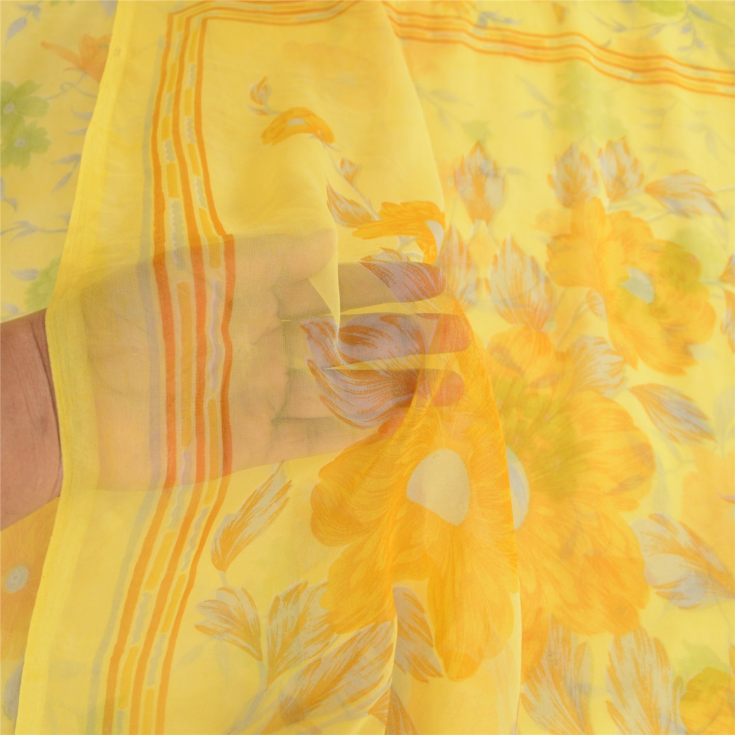 Sanskriti Vintage Lemon Green Georgette Sarees Printed Sari Floral Craft Sustainable Fabric