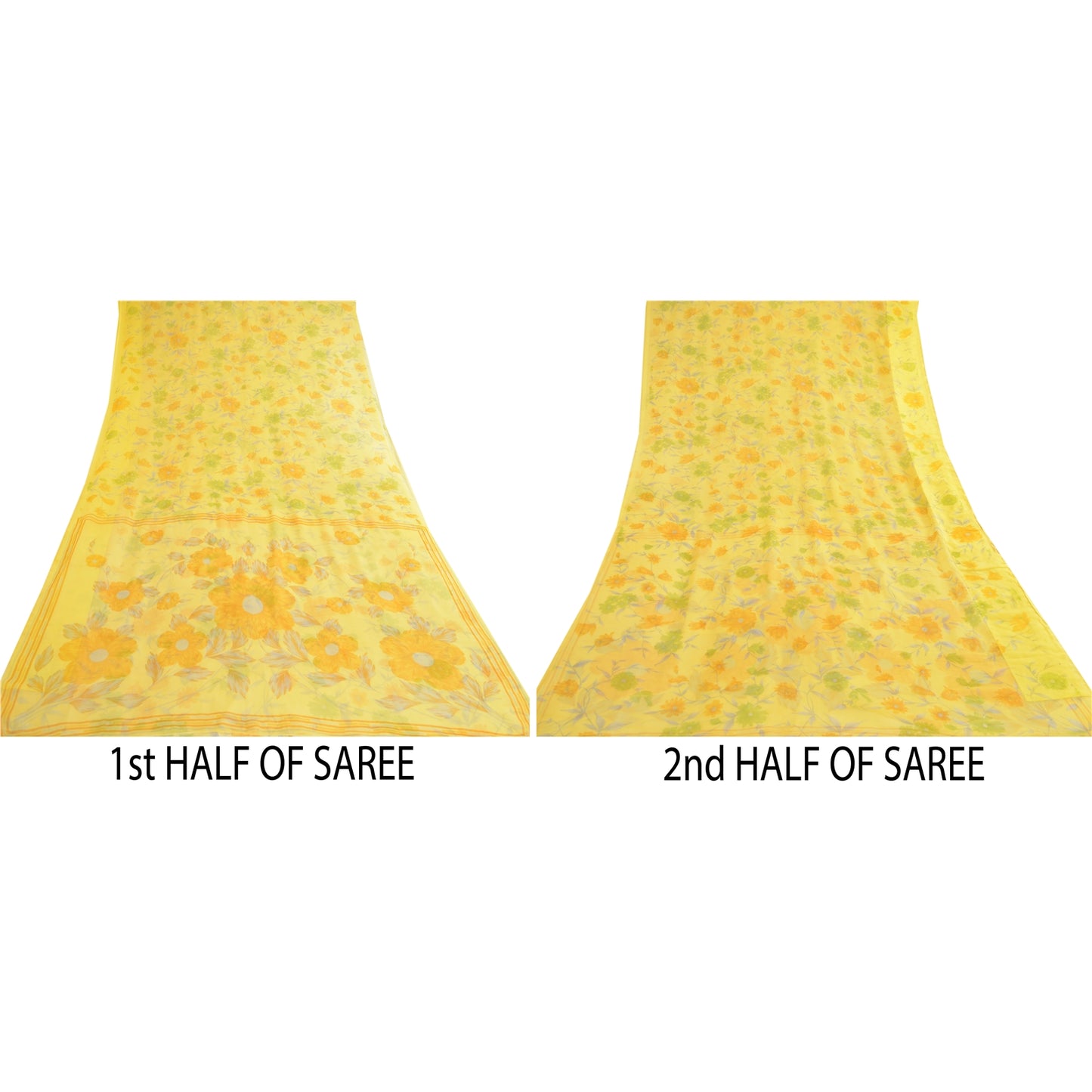 Sanskriti Vintage Lemon Green Georgette Sarees Printed Sari Floral Craft Sustainable Fabric