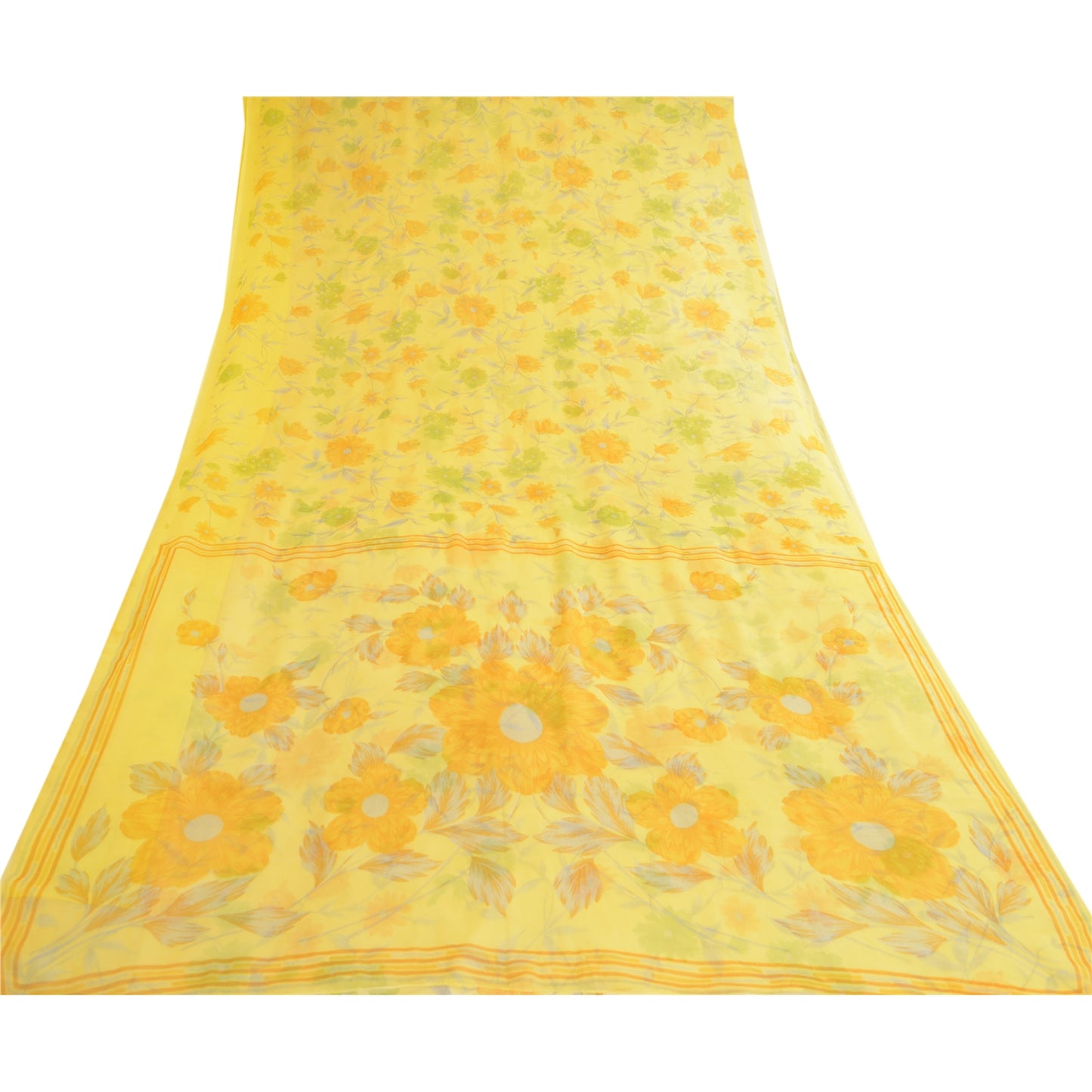 Sanskriti Vintage Lemon Green Georgette Sarees Printed Sari Floral Craft Sustainable Fabric
