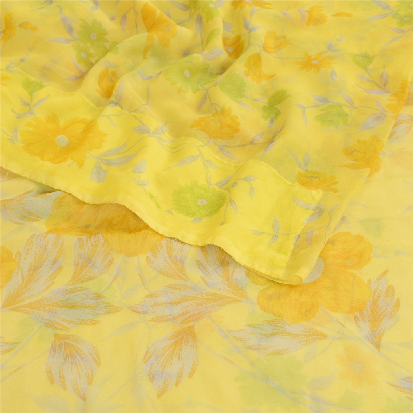 Sanskriti Vintage Lemon Green Georgette Sarees Printed Sari Floral Craft Sustainable Fabric