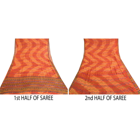 Sanskriti Vintage Rusten Orange Ren Chiffon Silke Sarier Trykt Sari Håndværk Bæredygtigt Stoff