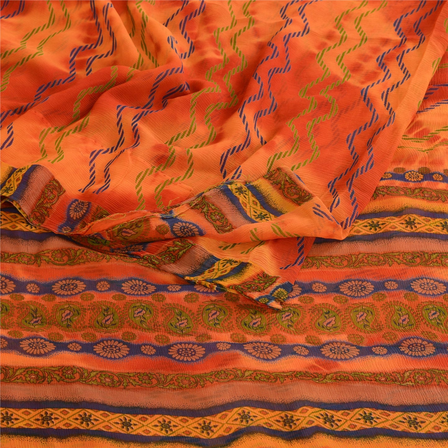 Sanskriti Vintage Rusty Orange Pure Chifffon Silk Sarees Print Sari Craft Sustainable Fabric
