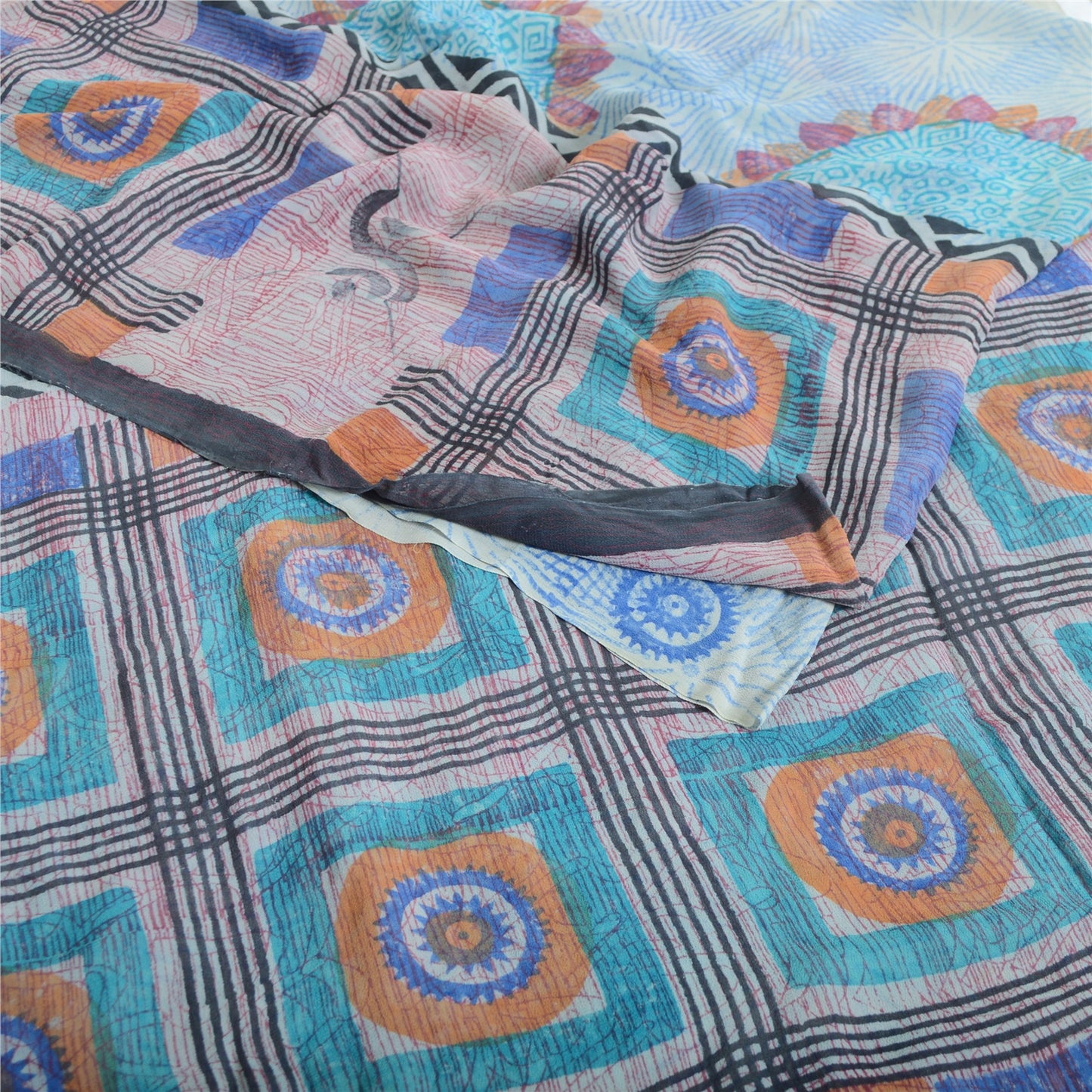 Sanskriti Vintage Blue Pure Georgette Silk Sarees Printed Sari 5yd Craft Sustainable Fabric