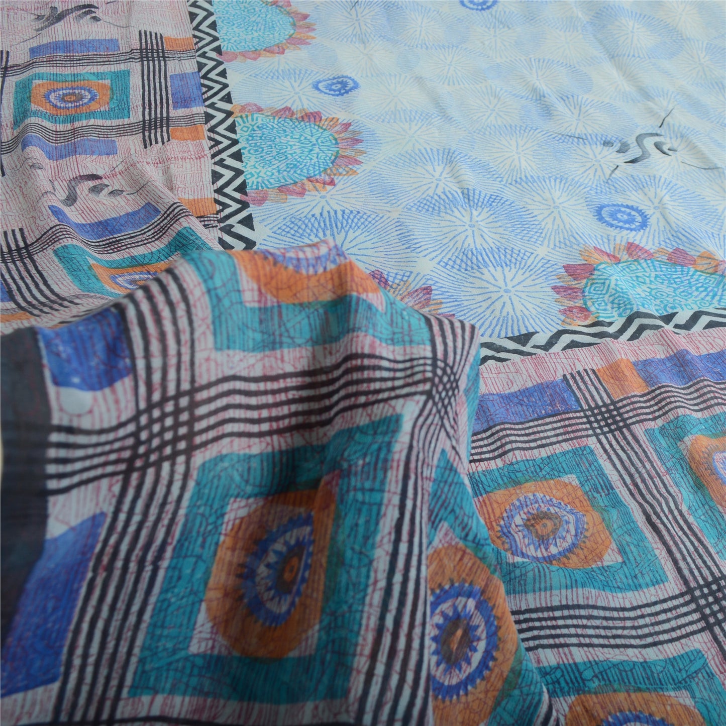Sanskriti Vintage Blue Pure Georgette Silk Sarees Printed Sari 5yd Craft Sustainable Fabric