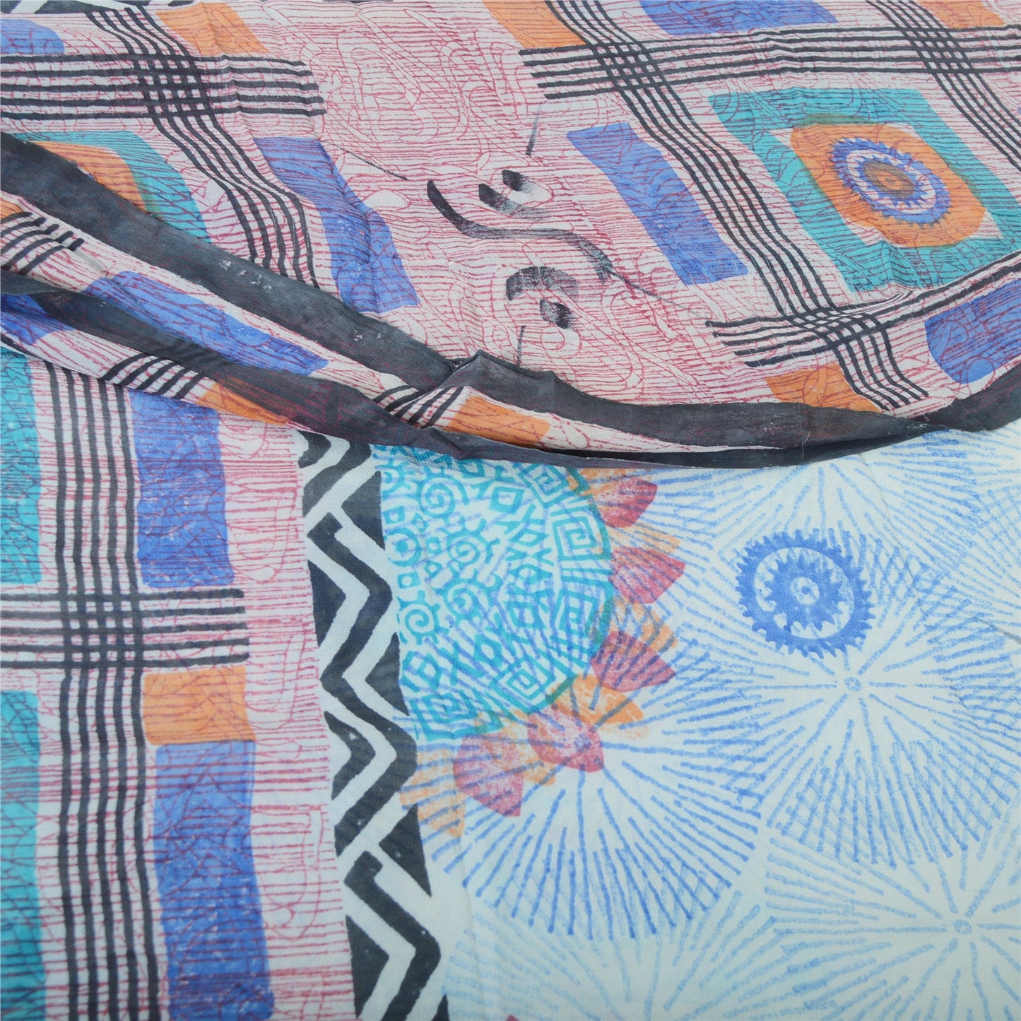 Sanskriti Vintage Blue Pure Georgette Silk Sarees Printed Sari 5yd Craft Sustainable Fabric