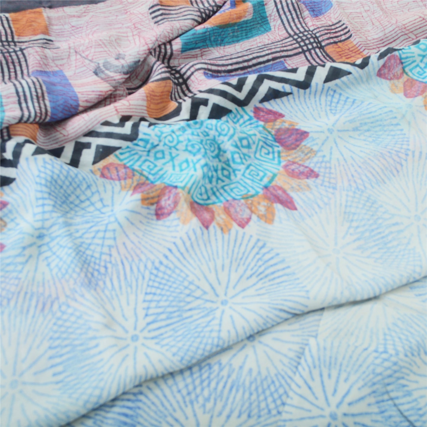 Sanskriti Vintage Blue Pure Georgette Silk Sarees Printed Sari 5yd Craft Sustainable Fabric