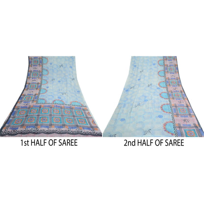 Sanskriti Vintage Blue Pure Georgette Silk Sarees Printed Sari 5yd Craft Sustainable Fabric