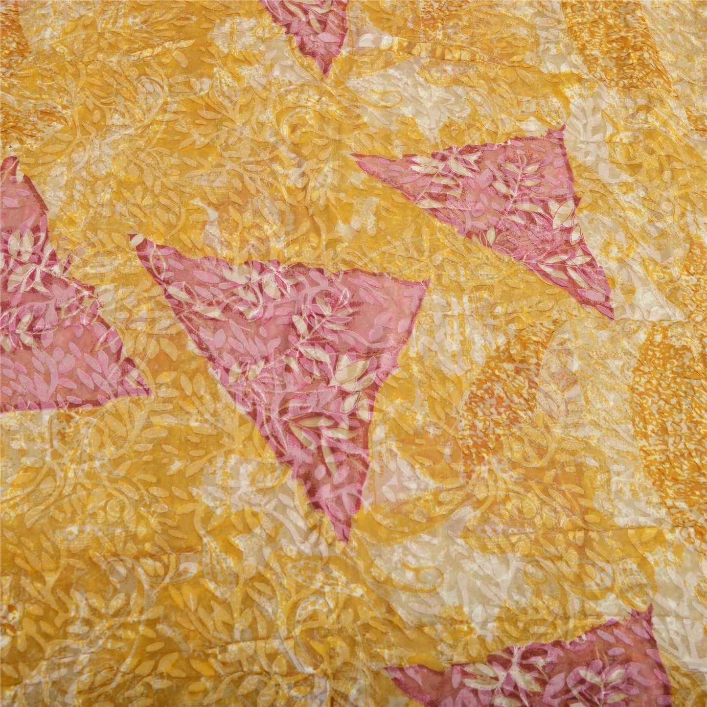 Sanskriti Vintage Sari Mustard Brasso Work Georgette Printed Sarees 5 Yd Craft Fabric Recycled For Quilting Felting, Home Decor
