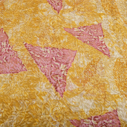 Sanskriti Vintage Sari Mustard Brasso Work Georgette Printed Sarees 5 Yd Craft Fabric Recycled For Quilting Felting, Home Decor