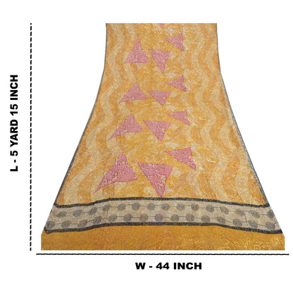 Sanskriti Vintage Sari Mustard Brasso Work Georgette Printed Sarees 5 Yd Craft Fabric Recycled For Quilting Felting, Home Decor