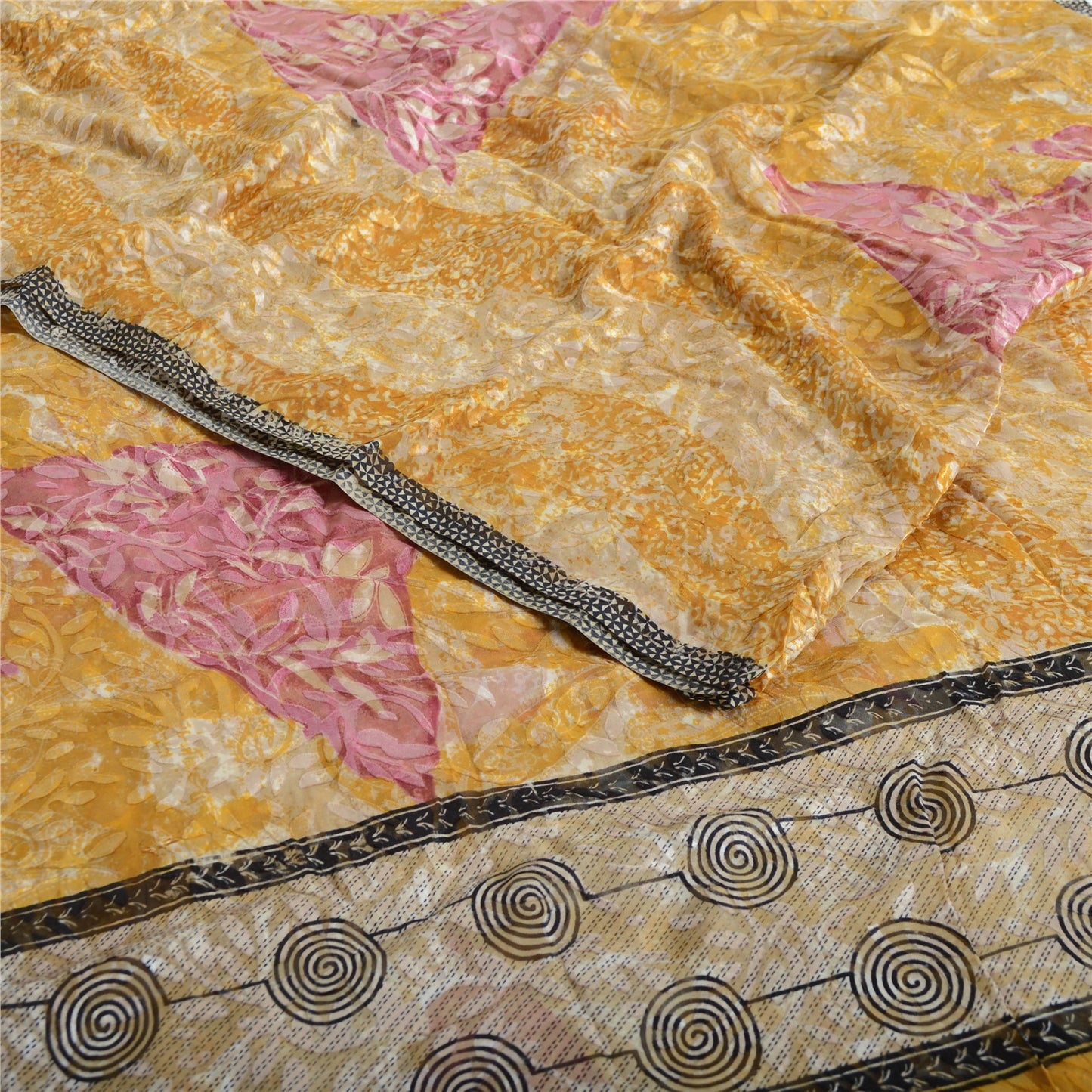 Sanskriti Vintage Sari Mustard Brasso Work Georgette Printed Sarees 5 Yd Craft Fabric Recycled For Quilting Felting, Home Decor