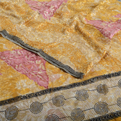 Sanskriti Vintage Sari Mustard Brasso Work Georgette Printed Sarees 5 Yd Craft Fabric Recycled For Quilting Felting, Home Decor