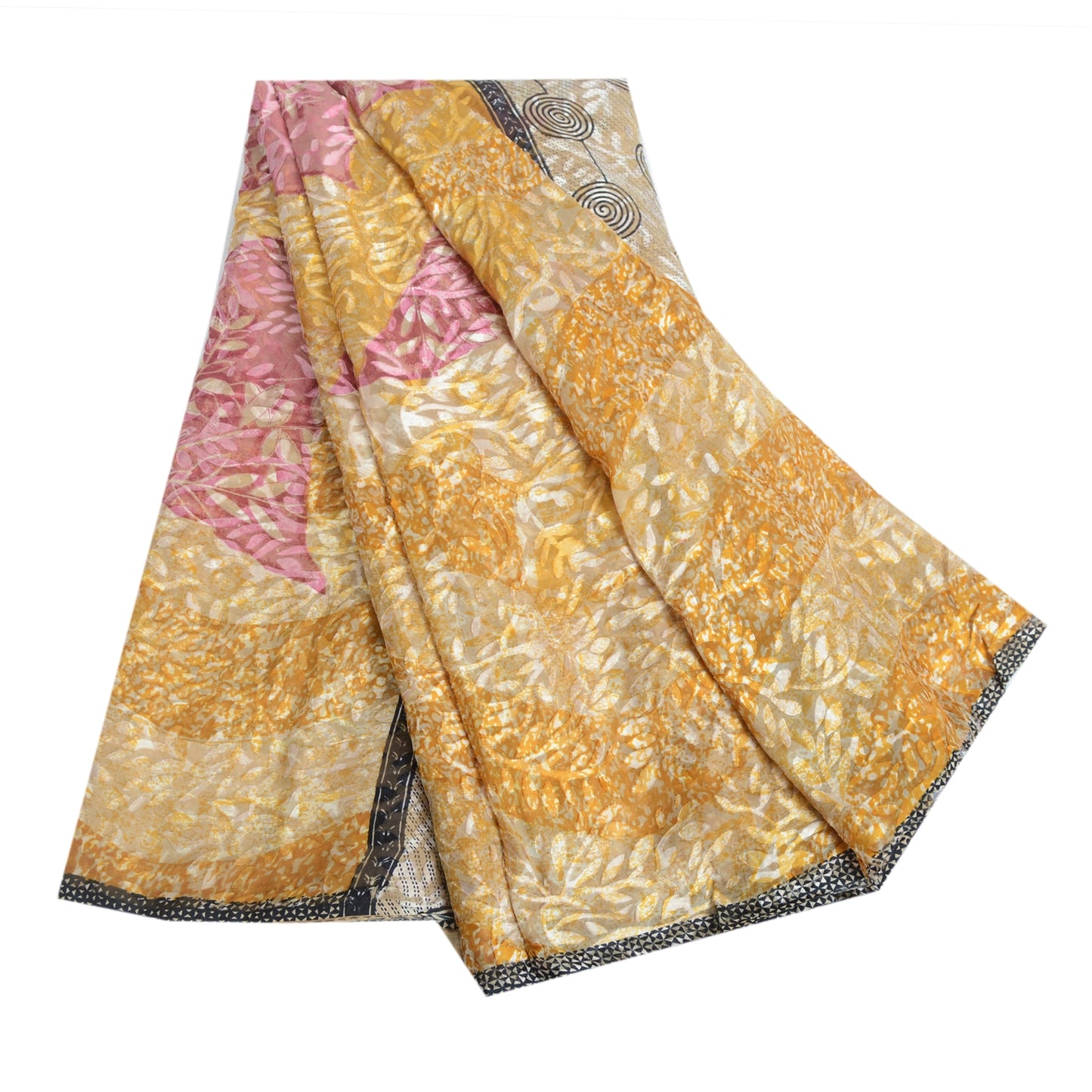 Sanskriti Vintage Sari Mustard Brasso Work Georgette Printed Sarees 5 Yd Craft Fabric Recycled For Quilting Felting, Home Decor