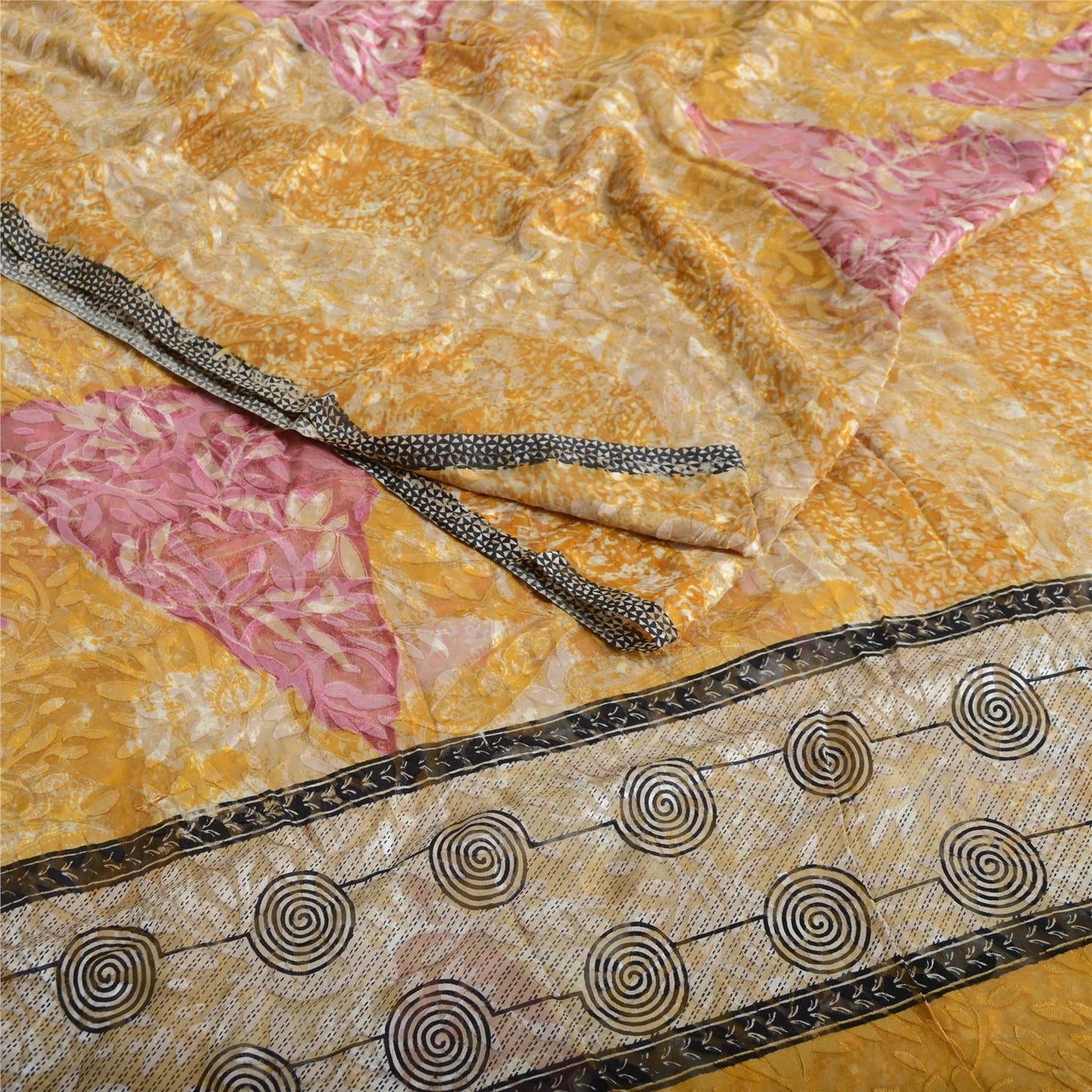 Sanskriti Vintage Sari Mustard Brasso Work Georgette Printed Sarees 5 Yd Craft Fabric Recycled For Quilting Felting, Home Decor