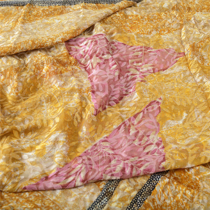 Sanskriti Vintage Sari Mustard Brasso Work Georgette Printed Sarees 5 Yd Craft Fabric Recycled For Quilting Felting, Home Decor