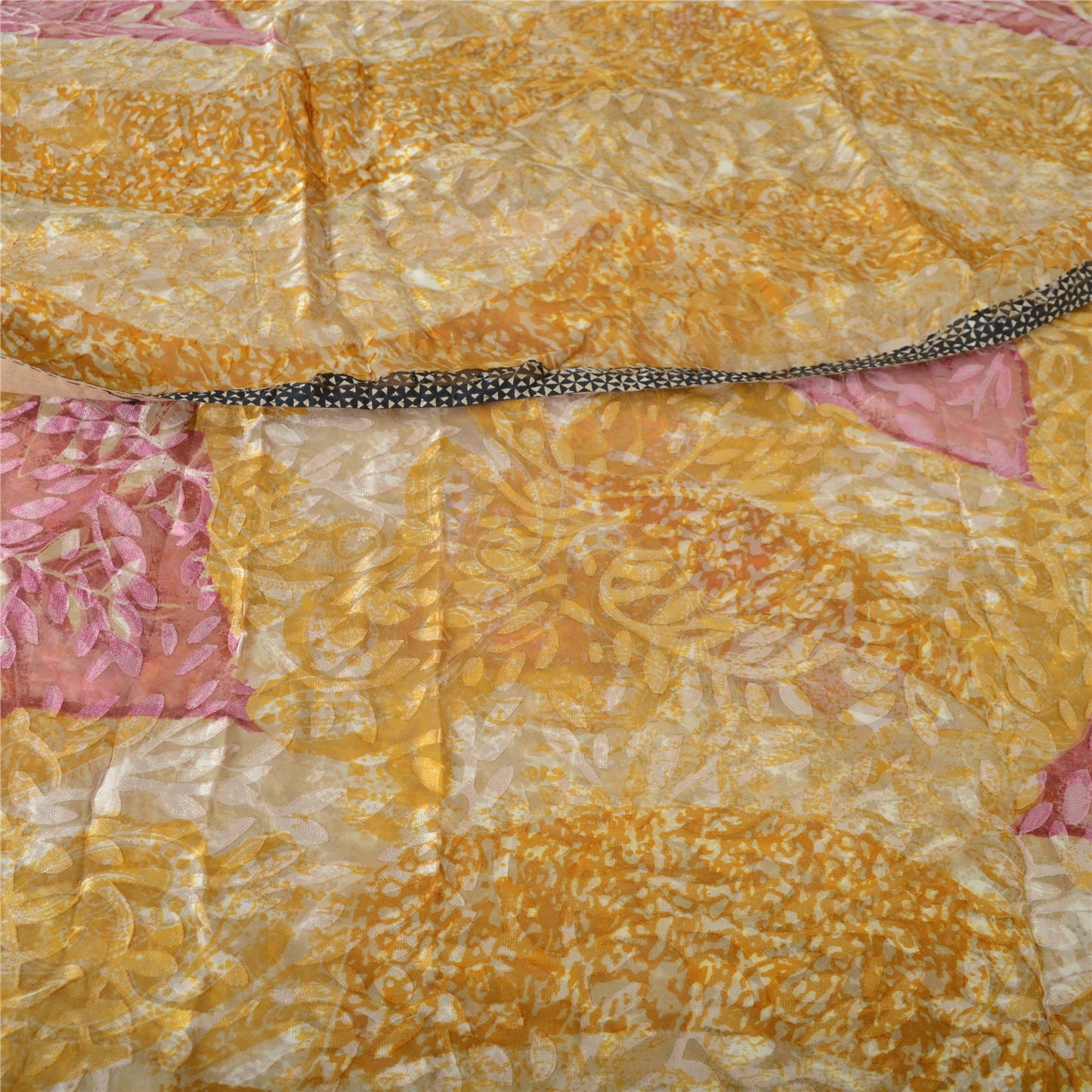 Sanskriti Vintage Sari Mustard Brasso Work Georgette Printed Sarees 5 Yd Craft Fabric Recycled For Quilting Felting, Home Decor