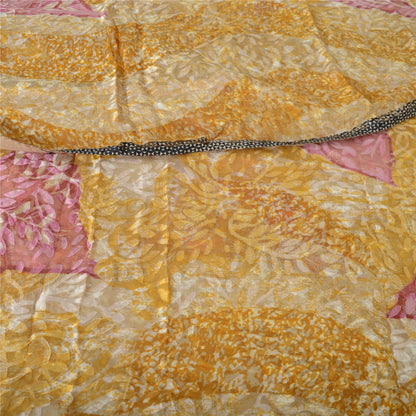 Sanskriti Vintage Sari Mustard Brasso Work Georgette Printed Sarees 5 Yd Craft Fabric Recycled For Quilting Felting, Home Decor