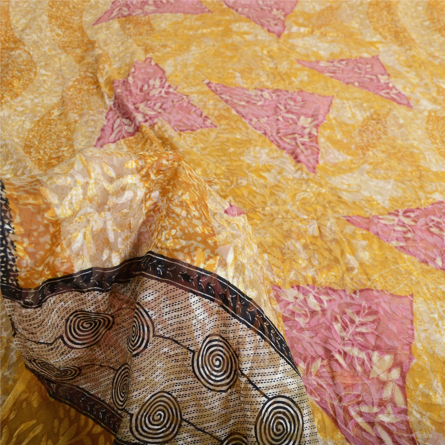 Sanskriti Vintage Sari Mustard Brasso Work Georgette Printed Sarees 5 Yd Craft Fabric Recycled For Quilting Felting, Home Decor
