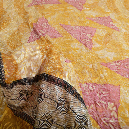 Sanskriti Vintage Sari Mustard Brasso Work Georgette Printed Sarees 5 Yd Craft Fabric Recycled For Quilting Felting, Home Decor