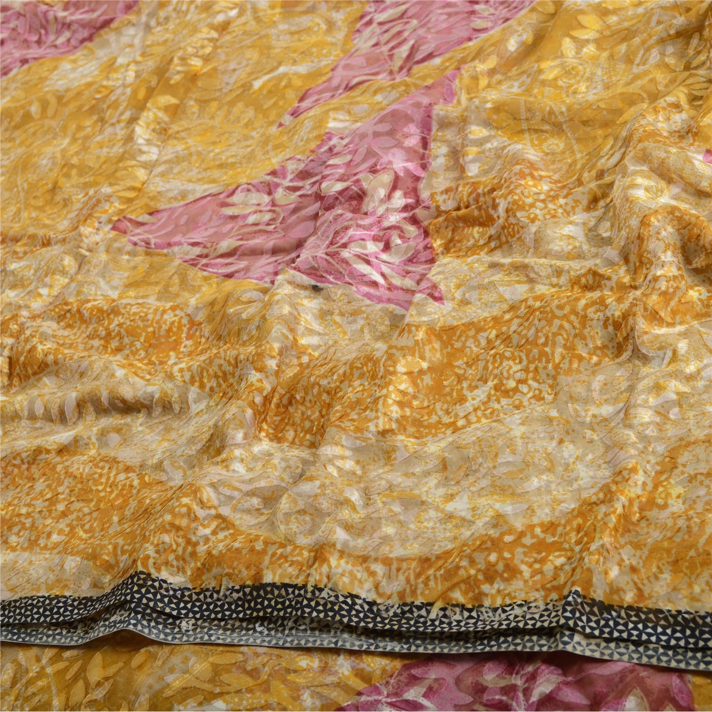 Sanskriti Vintage Sari Mustard Brasso Work Georgette Printed Sarees 5 Yd Craft Fabric Recycled For Quilting Felting, Home Decor
