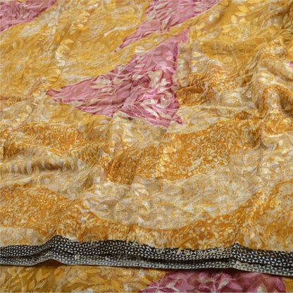 Sanskriti Vintage Sari Mustard Brasso Work Georgette Printed Sarees 5 Yd Craft Fabric Recycled For Quilting Felting, Home Decor