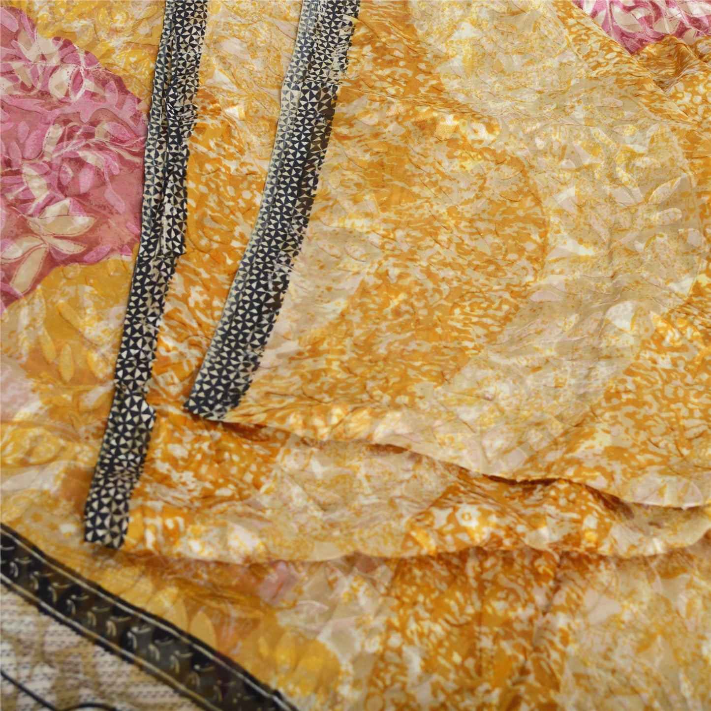Sanskriti Vintage Sari Mustard Brasso Work Georgette Printed Sarees 5 Yd Craft Fabric Recycled For Quilting Felting, Home Decor