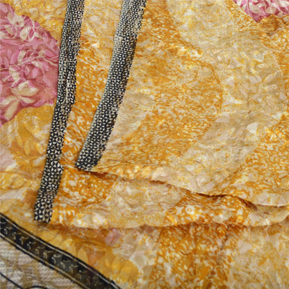 Sanskriti Vintage Sari Mustard Brasso Work Georgette Printed Sarees 5 Yd Craft Fabric Recycled For Quilting Felting, Home Decor