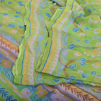 Sanskriti Vintage Grønne Ren Chiffon Silke Sarier Trykt Sari 5yd Håndværk Bæredygtigt Stoff