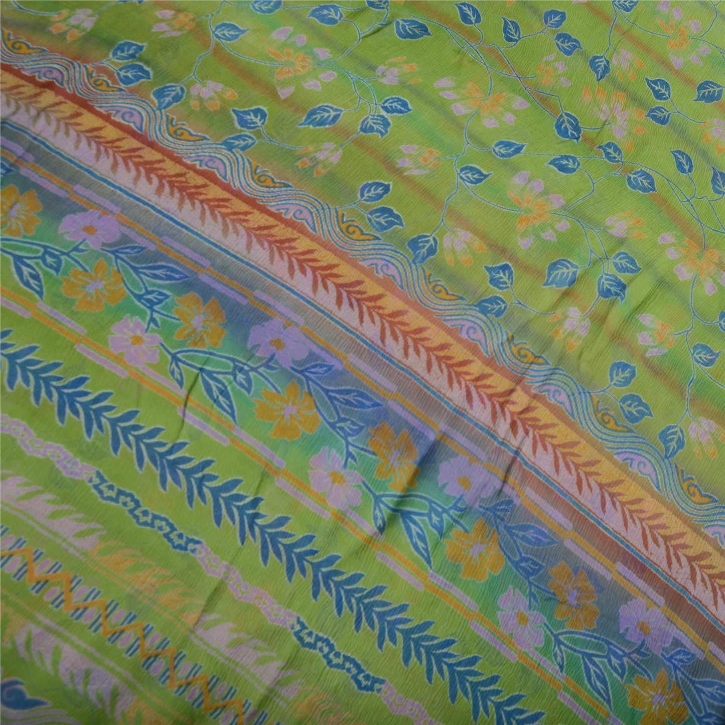 Sanskriti Vintage Grønne Ren Chiffon Silke Sarier Trykt Sari 5yd Håndværk Bæredygtigt Stoff
