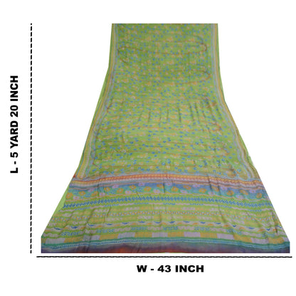 Sanskriti Vintage Grønne Ren Chiffon Silke Sarier Trykt Sari 5yd Håndværk Bæredygtigt Stoff