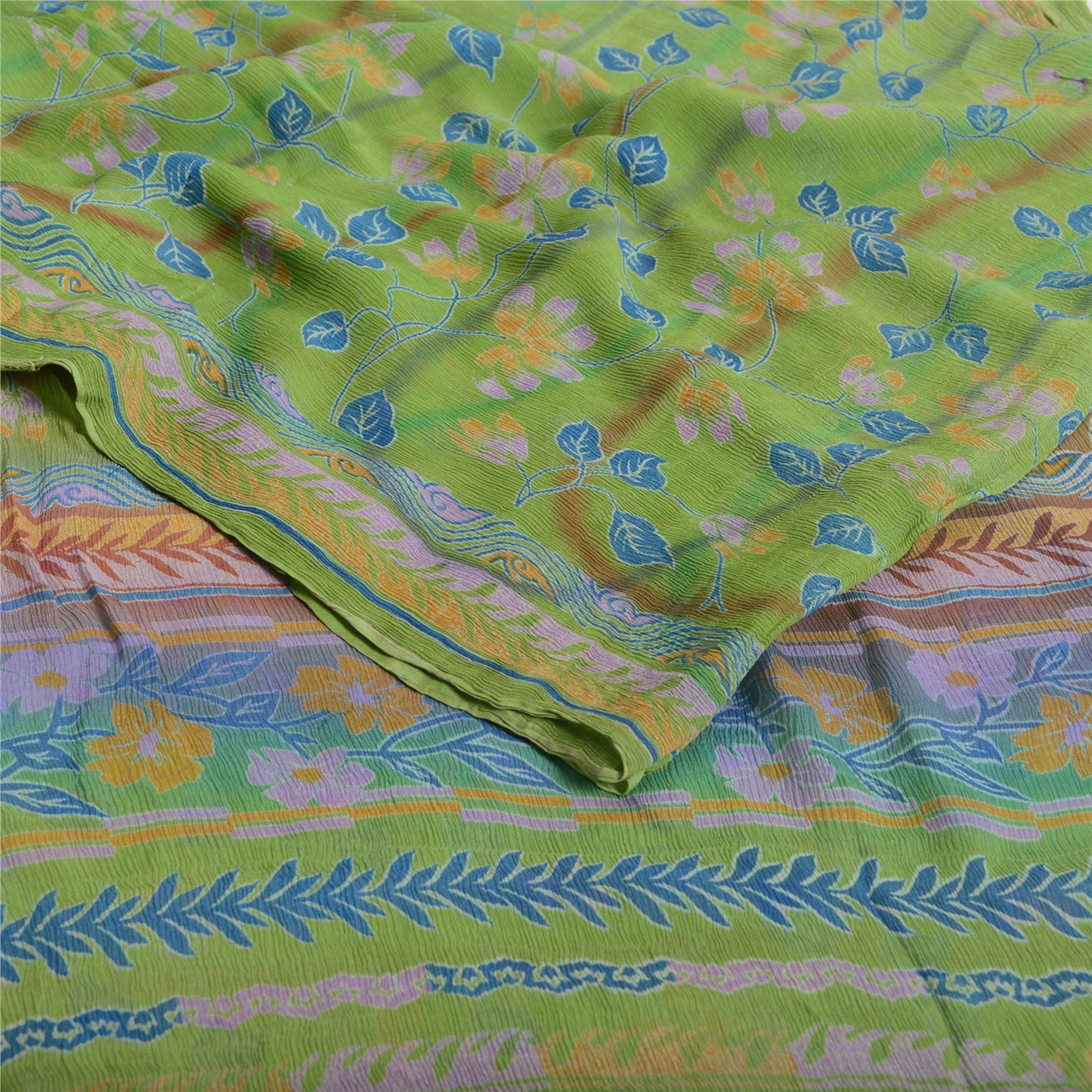 Sanskriti Vintage Grønne Ren Chiffon Silke Sarier Trykt Sari 5yd Håndværk Bæredygtigt Stoff