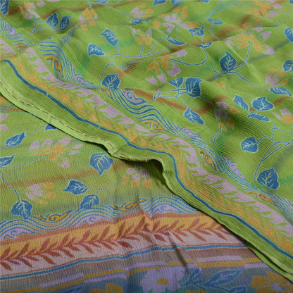 Sanskriti Vintage Grønne Ren Chiffon Silke Sarier Trykt Sari 5yd Håndværk Bæredygtigt Stoff