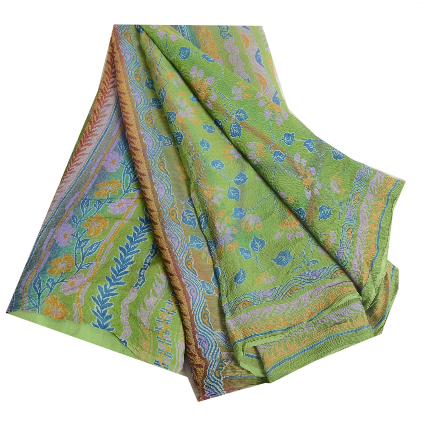 Sanskriti Vintage Grønne Ren Chiffon Silke Sarier Trykt Sari 5yd Håndværk Bæredygtigt Stoff