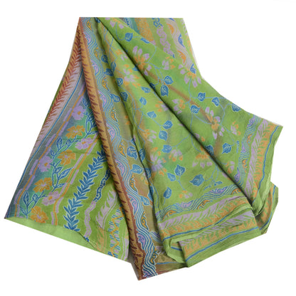 Sanskriti Vintage Grønne Ren Chiffon Silke Sarier Trykt Sari 5yd Håndværk Bæredygtigt Stoff