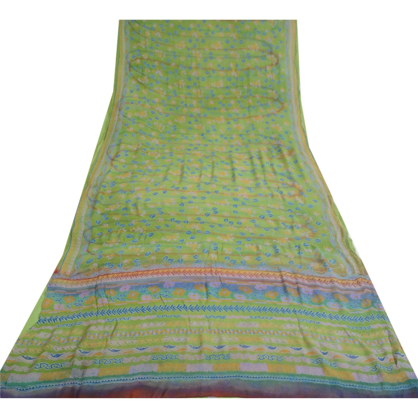 Sanskriti Vintage Grønne Ren Chiffon Silke Sarier Trykt Sari 5yd Håndværk Bæredygtigt Stoff