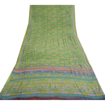 Sanskriti Vintage Grønne Ren Chiffon Silke Sarier Trykt Sari 5yd Håndværk Bæredygtigt Stoff